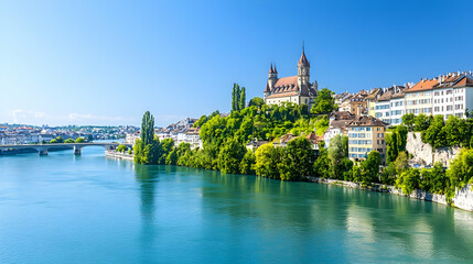 Obraz premium Panoramic View Of A Swiss Riverfront Town With Historic Buildings
