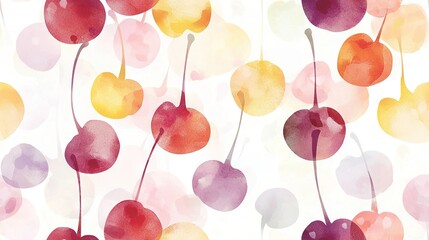   Watercolor Cherry Painting - Pink, Yellow, Red, Orange cherries hang on a white background with vivid hues