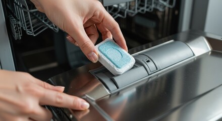 Fototapeta premium Efficient Dishwashing: Placing Dishwasher Tablet - Cleanliness, convenience, hygiene, efficiency, sparkling dishes. A woman's hand places a dishwasher tablet into the dispenser