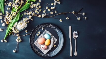 Top view of decorative plate with painted eggs and seasonal table decor