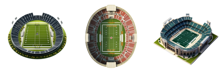 Set of Aerial view of a professional football field at sunset, with golden light casting long shadows on the green turf on transparent png background. Ai generated