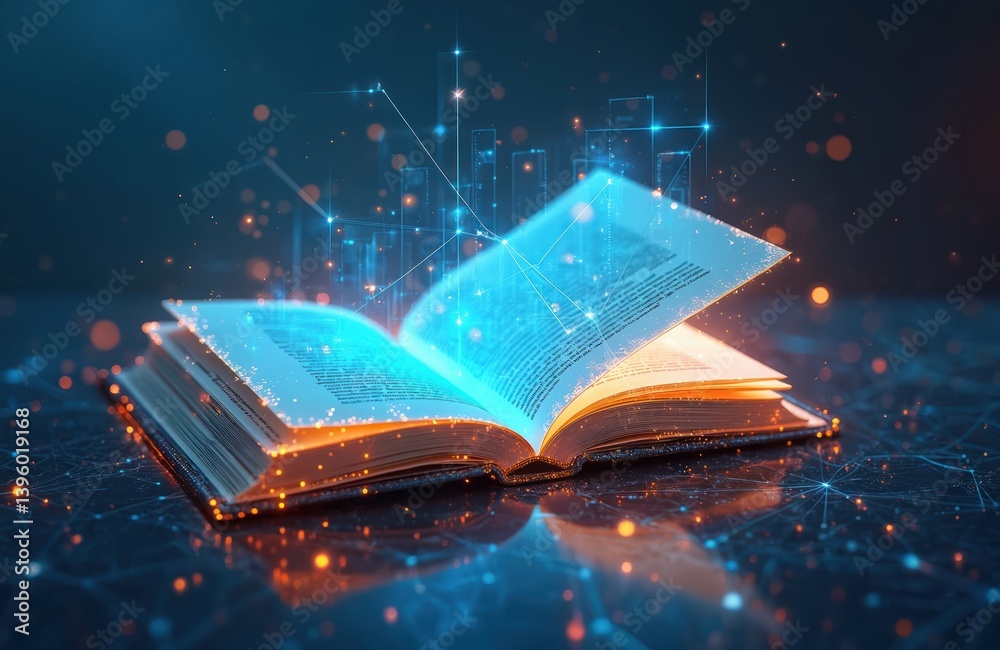 Poster futuristic illustration open book emitting light, data streams, glowing lines. concept digital learn