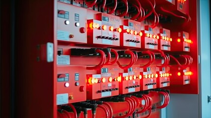 Closeup of red electrical control panel with glowing lights and cables