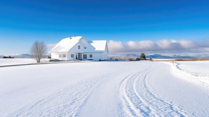 Pristine winter landscape with a white house