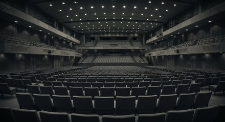 Obraz premium Empty Auditorium Seats - Rows of empty seats in a large auditorium, ready for an event or performance. Dark and spacious