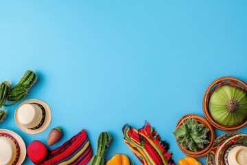A vibrant display of mexican culture with sombreros cacti and colorful textiles on  blue background space