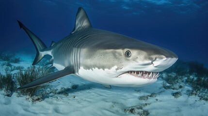 Fototapeta premium Majestic tiger shark swimming gracefully over sandy ocean floor with coral backdrop
