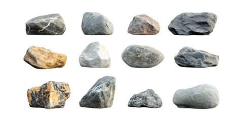 Pack Rock Set in Different Poses Against Transparent Background for Geological Illustration, Nature Graphics, or Construction Design