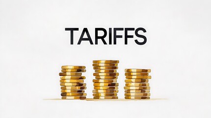 Small "TARIFFS" text above golden coin stacks watercolor art on white background, growth concept.

