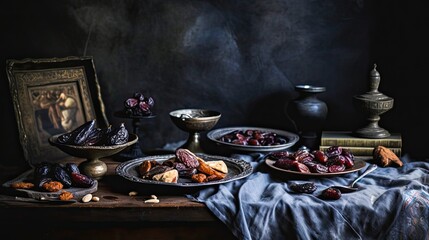 Vintage style still life with assorted dried fruits and antique tableware