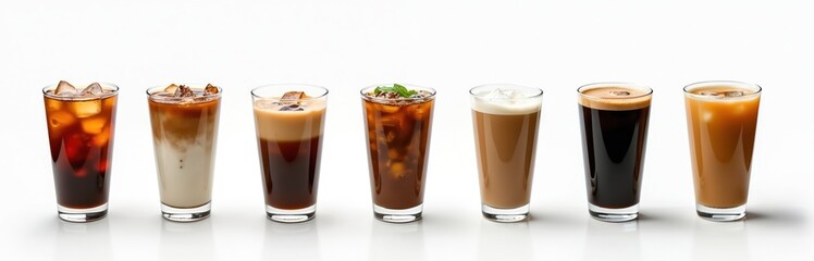 Variety ice drinks set isolated on white. Espresso, latte, mocha, cappuccino, black coffee and green tea, Thai tea in glasses with ice cubes. Cafe menu. Refreshing summer beverages, coffee shop menu.
