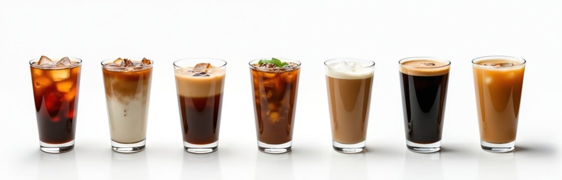 Variety ice drinks set isolated on white. Espresso, latte, mocha, cappuccino, black coffee and green tea, Thai tea in glasses with ice cubes. Cafe menu. Refreshing summer beverages, coffee shop menu.