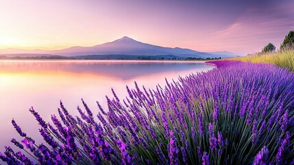 Fototapeta premium A stunning image of a field of purple flowers next to a serene body of water, set against the majestic backdrop of a mountain range, all under the enchanting hue of