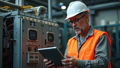 Mature factory worker reviews data on tablet near control panel. Man in hard hat, safety vest inspects manufacturing equipment. Factory environment emphasizes importance of innovation, modernization
