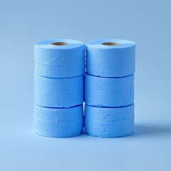 Two stacks of light blue toilet paper rolls