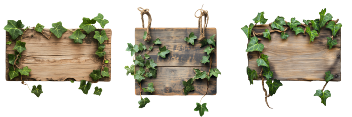 Set of A rustic wooden sign hanging on an old brick wall, partially covered with ivy vines on transparent png background. Ai generated