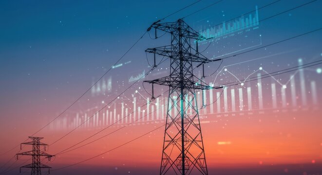 Transmission towers with data overlay against a colorful sunset sky in a digital illustration - Powered by Adobe