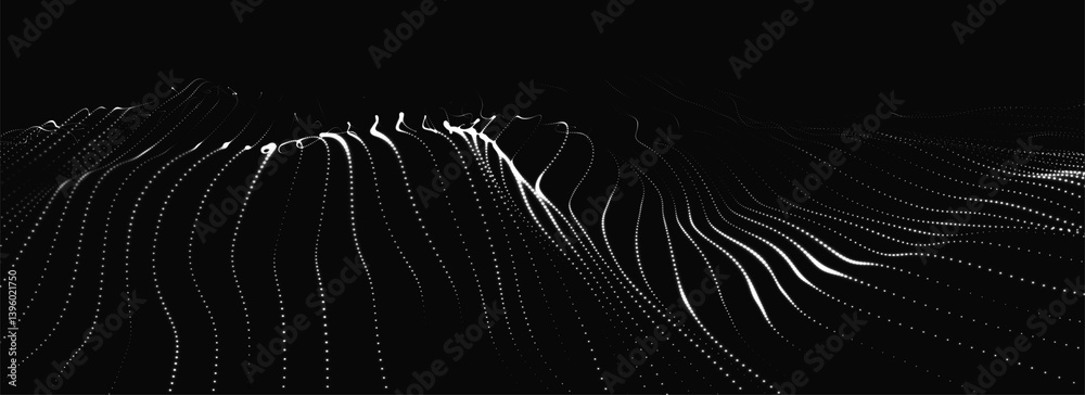 Poster futuristic dot wave. abstract digital particle wave. black and white music wave. dark background. di