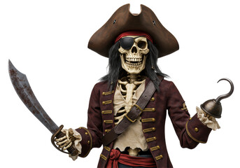 Isolated Pirate Skeleton with Sword and Hook Hand