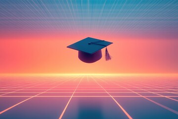 A graduation cap floating against a vibrant sunset with a grid pattern overlaying horizon line view
