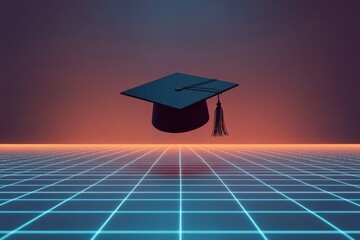 A graduation cap floats above a blue grid on a retro futuristic background orange and purple hues