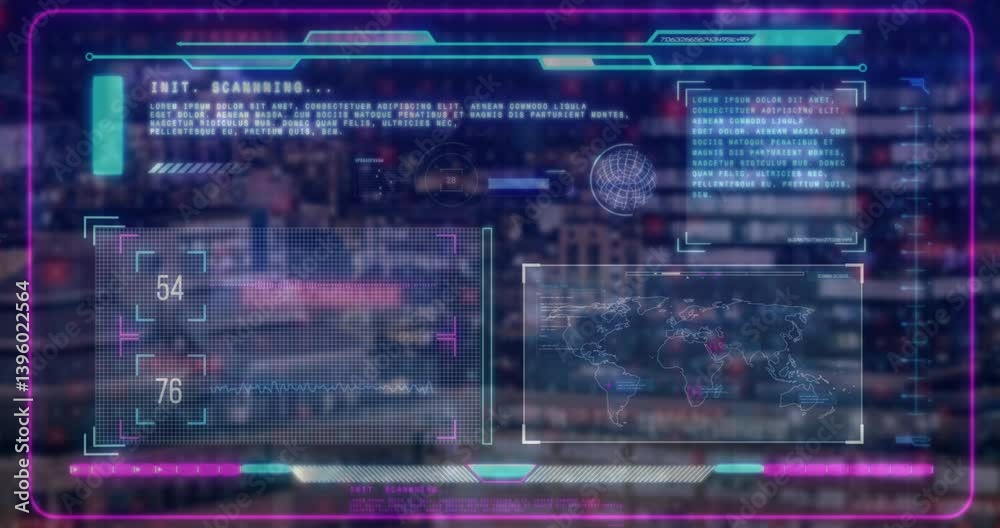 Poster displaying futuristic digital interface with global map and data over cityscape