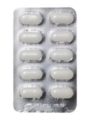 Tablets in strip on transparent background, top view