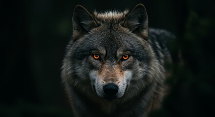 Obraz premium Glowing Eyes Of The Forest Wolf - A close-up of a wolf's intense orange eyes glowing in the dark forest. Symbolizing mystery, wildness, power, survival, and the untamed spirit of nature