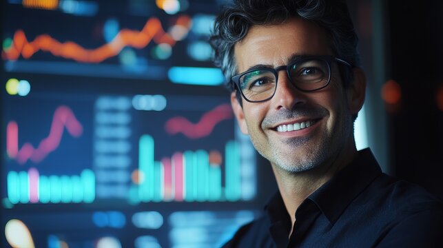 Man smiling in front of a screen displaying stock market charts and financial data analysis information