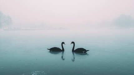 Fototapeta premium Misty Morning Swans: A Serene Lake Reflection