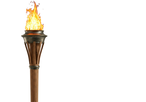Isolated Classic Wooden Torch with Burning Flame