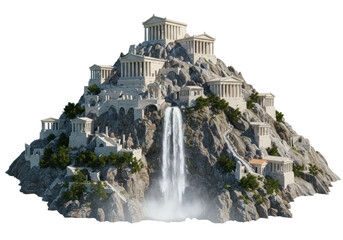 Isolated Mount Olympus with Greek Temples and Waterfall