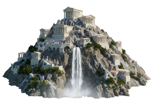 Isolated Mount Olympus with Greek Temples and Waterfall