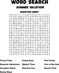 Summer Vacation Word Search Puzzle Fun, Travel, Beach Time