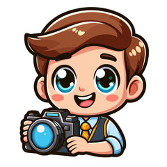 Happy cartoon photographer holding a camera and smiling in close-up illustration on white background copy space