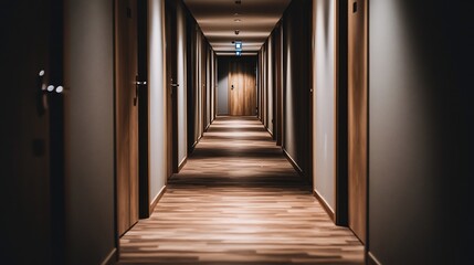 Long Hotel Corridor with Wooden Floor and Dark Grey Walls