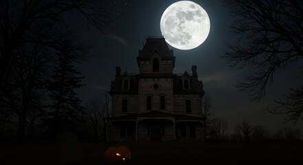 Fototapeta premium Haunted Mansion Under Full Moon - A spooky Victorian mansion stands silhouetted against a bright full moon on a dark, starlit night. A single jack-o'-lantern glows faintly in the foreground