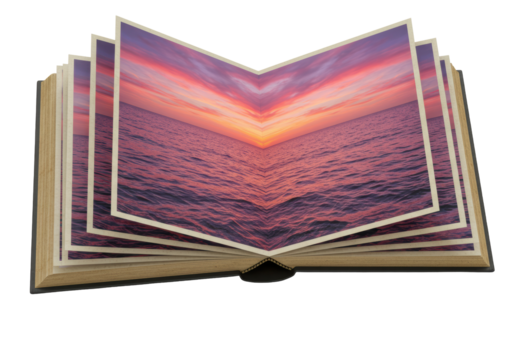 Isolated Open Book Displaying Majestic Ocean Sunset Landscape
