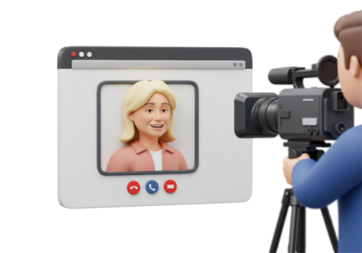 Isolated 3D Render of Videographer Filming Woman on Browser Window