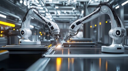 Obraz premium A futuristic industrial setting with sleek robotic arms performing precision tasks