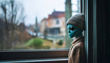 Stylish alien wearing a cozy sweater and trendy hat, blending sci-fi charm with fashion. Ideal for creative and futuristic design projects.