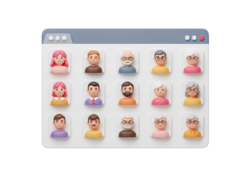 Isolated 3D Render of Browser Window Displaying Diverse Group of People Avatars