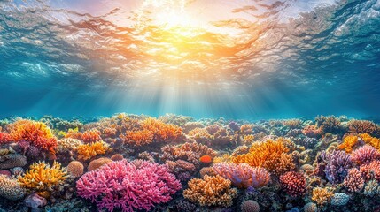 Vibrant Coral Reef Underwater Scene. Sunlight Beams Through Water