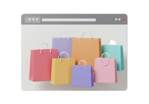 Isolated 3D Browser Window Displaying Group of Colorful Shopping Bags
