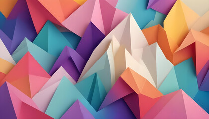 A vibrant and colorful abstract design with geometric shapes and layered paper cutouts.