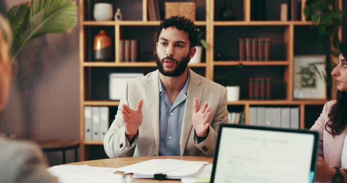 Meeting, paperwork and business people in office for legal consulting, case review and strategy. Professional, attorney team and men and women with documents for discussion, agreement and planning