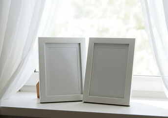 Two white picture frames on a windowsill with sheer white curtains