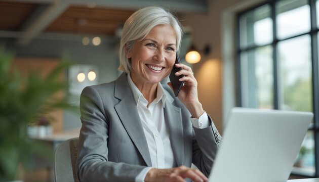 Smiling businesswoman talks on smartphone in office, working with laptop. Mature female manager, corporate pro, 40s, gray hair. Phone call, business discussion, online, happy, successful,