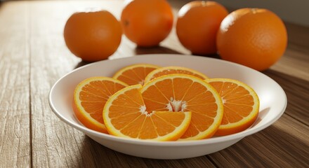 Juicy Orange Slices in Bowl - Fresh orange slices in a white bowl, with whole oranges in the background on a wooden table