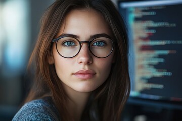 Close up portrait of a female programmer with glasses, engaged with code on computer screen